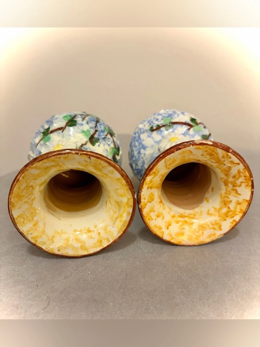 Pair Vintage Italy Hand-Painted Floral Textured Vases Blue White Signed 4.5”